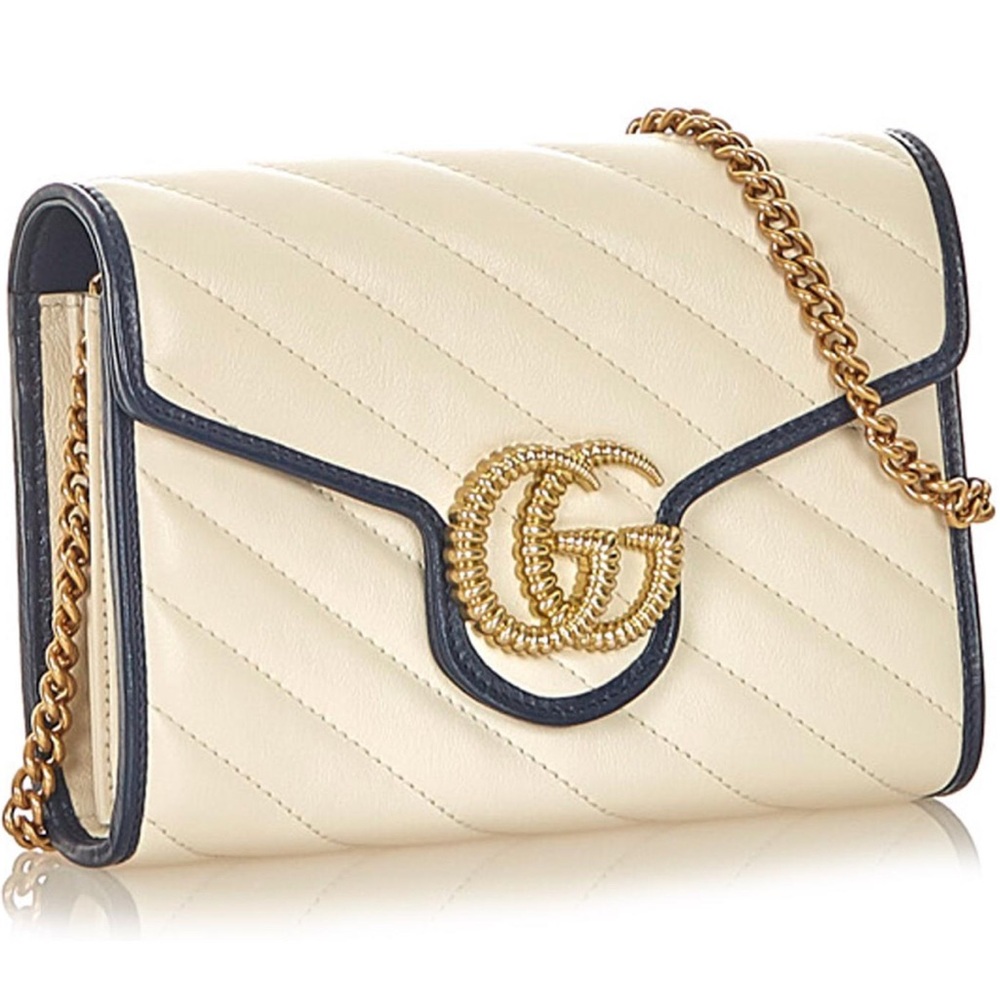 🆕💯% Auth Gucci Blue Agata GG Marmont Shoulder Bag Cream Calfskin Leather